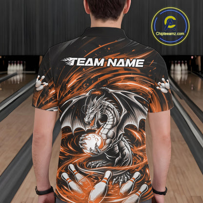 Custom Black And Orange Fire Flame Dragon Bowling Jerseys Bowling Team Men Polo Shirt IPHW10293