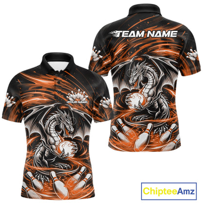 Custom Black And Orange Fire Flame Dragon Bowling Jerseys Bowling Team Men Polo Shirt IPHW10293