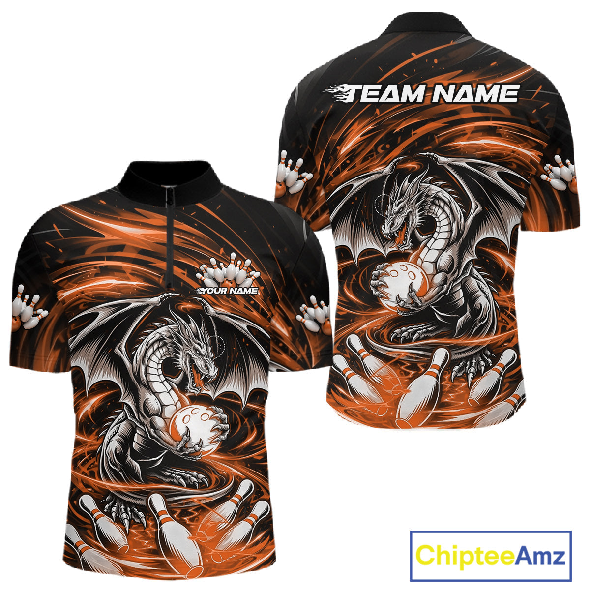Custom Black And Orange Fire Flame Dragon Bowling Jerseys Bowling Team Men Quarter-Zip Shirt IPHW10293