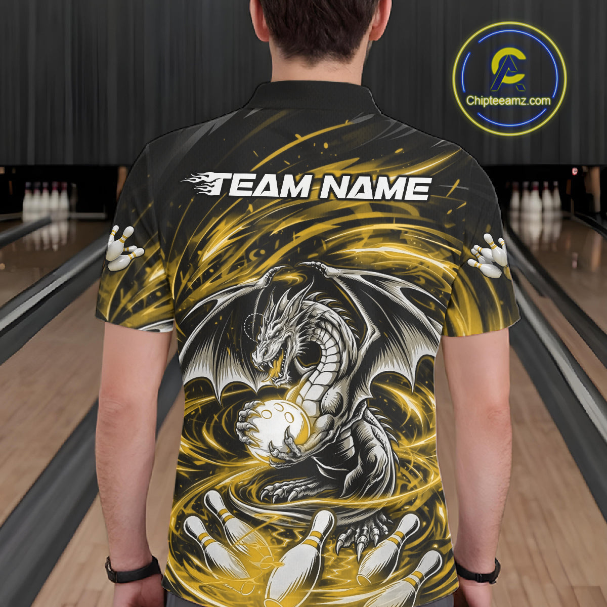 Custom Black And Yellow Fire Flame Dragon Bowling Jerseys Bowling Team Men Polo Shirt IPHW10294
