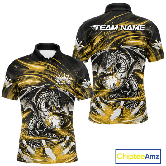 Custom Black And Yellow Fire Flame Dragon Bowling Jerseys Bowling Team Men Polo Shirt IPHW10294