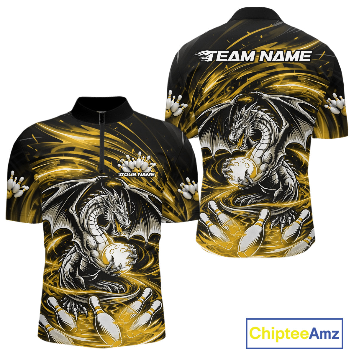Custom Black And Yellow Fire Flame Dragon Bowling Jerseys Bowling Team Men Quarter-Zip Shirt IPHW10294