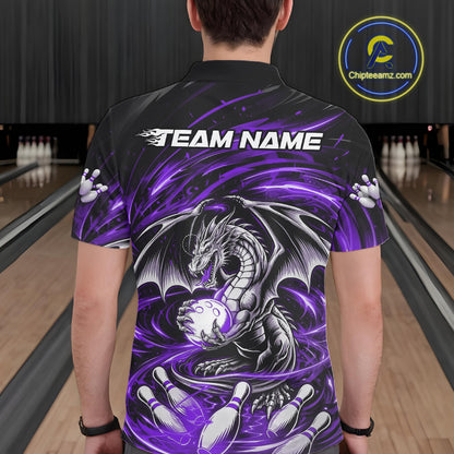 Custom Black And Purple Fire Flame Dragon Bowling Jerseys Bowling Team Men Polo Shirt IPHW10295