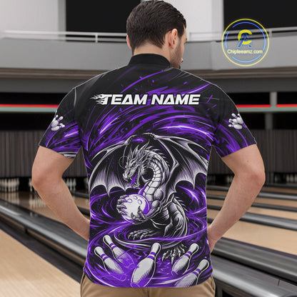 Custom Black And Purple Fire Flame Dragon Bowling Jerseys Bowling Team Men Quarter-Zip Shirt IPHW10295