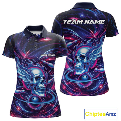 Custom Galaxy Flame Skull Bowling Team Women Polo Shirt, Bowling Tournament Outfit IPHW10296