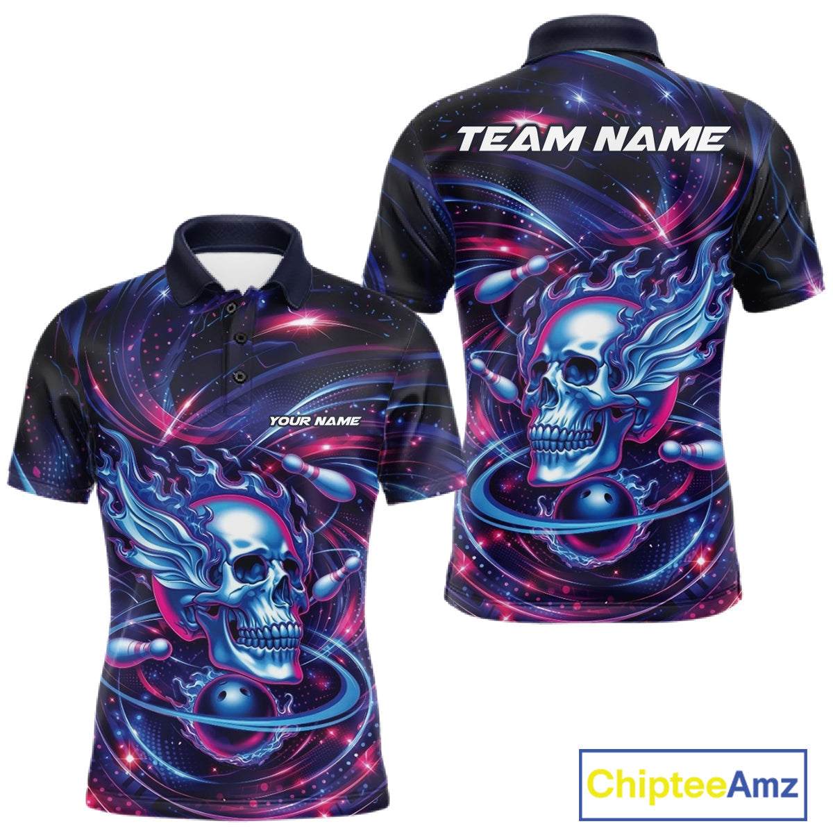 Custom Galaxy Flame Skull Bowling Team Men Polo Shirt, Bowling Tournament Outfit IPHW10296