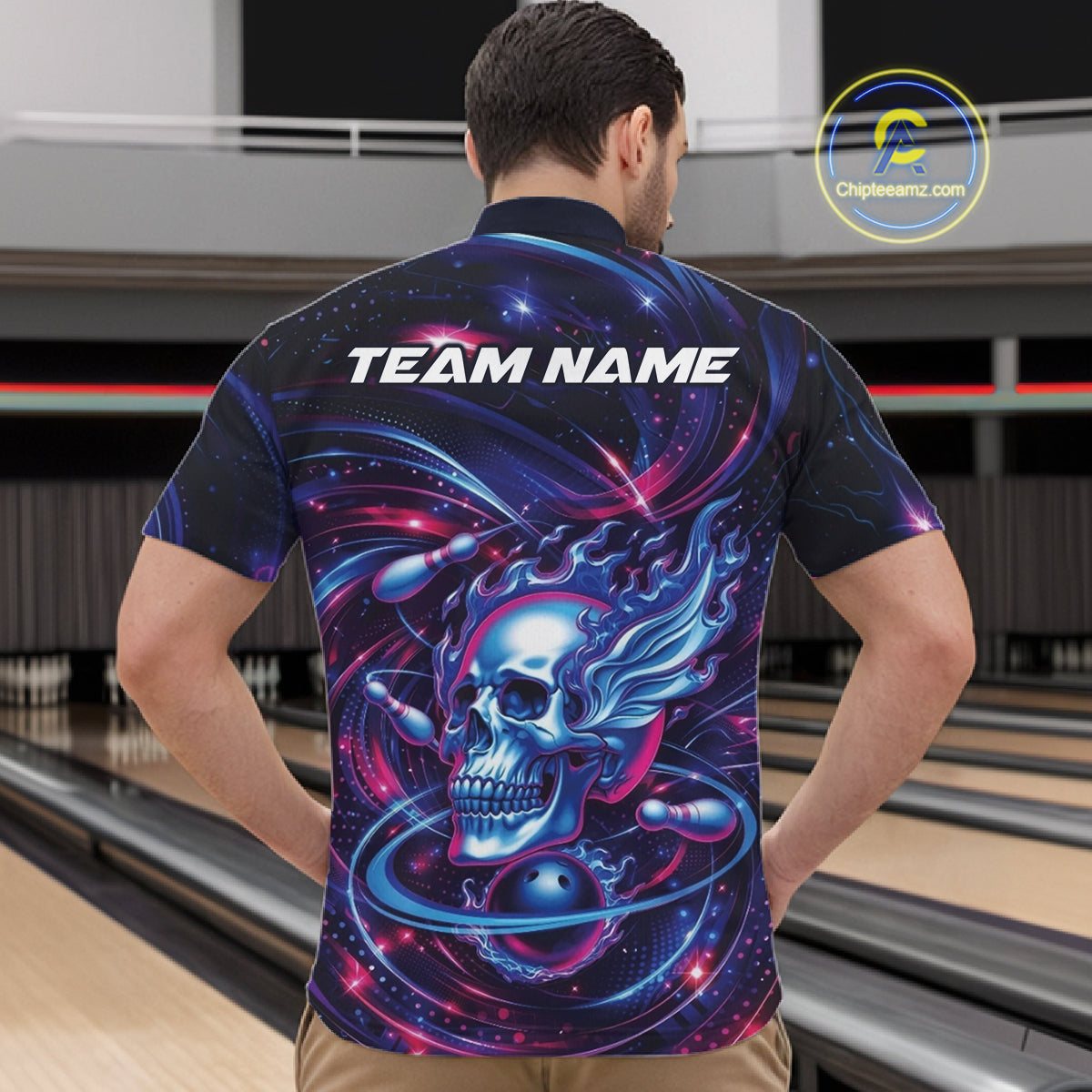 Custom Galaxy Flame Skull Bowling Team Men Quarter-Zip Shirt, Bowling Tournament Outfit IPHW10296