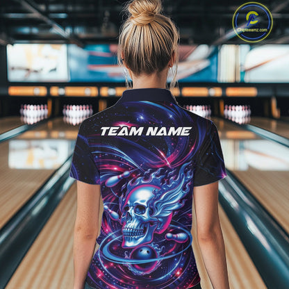 Custom Flame Skull Bowling Team Women Quarter-Zip Shirt, Bowling Tournament Outfit IPHW10296