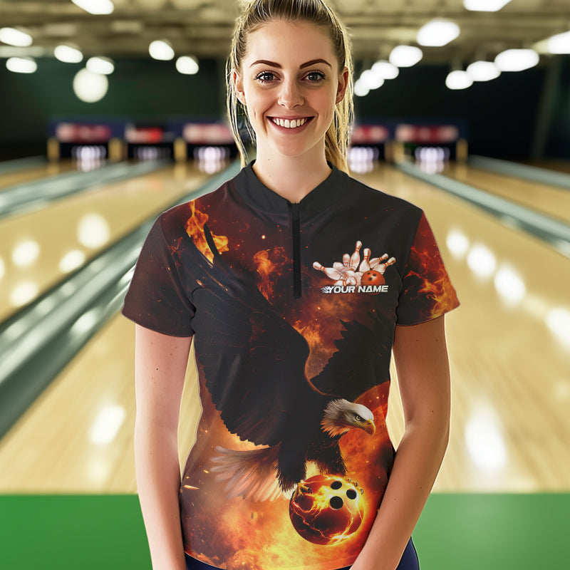 Custom Flame Eagle Bowling Quarter-Zip Shirts For Women, Ealge Bowling Team Shirt With Name IPHW8447