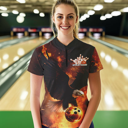 Custom Flame Eagle Bowling Quarter-Zip Shirts For Women, Ealge Bowling Team Shirt With Name IPHW8447