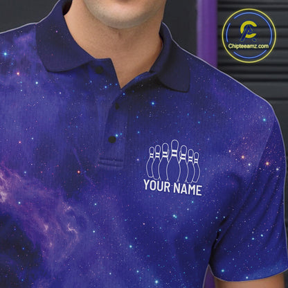 Custom Purple And Blue Galaxy Bowling Team Shirts For Men, Sparkling Sky Bowling Jerseys IPHW10530