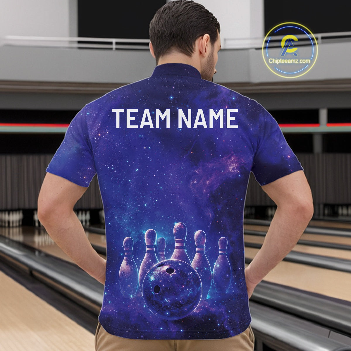 Custom Purple And Blue Galaxy Bowling Team Shirts For Men, Sparkling Sky Bowling Jerseys IPHW10530