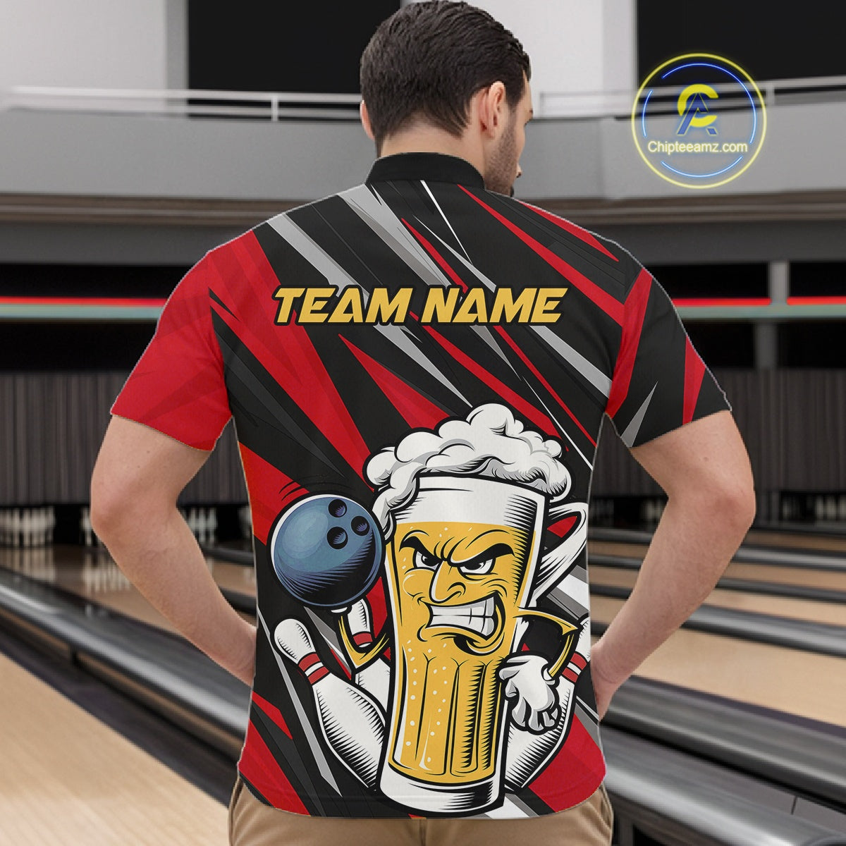 Custom Funny Red Bowling Jerseys Bowling And Beer Men Quarter-Zip Shirts, Bowling Jerseys IPHW10532