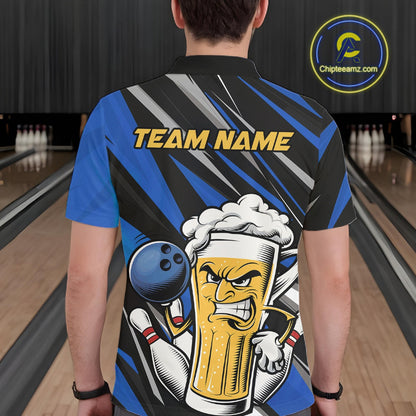 Custom Funny Blue Bowling Jerseys Bowling And Beer Men Polo Shirts, Bowling Jerseys IPHW10533