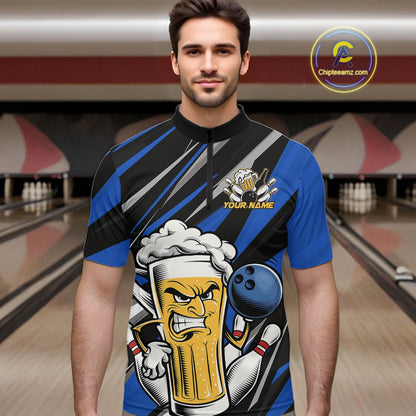 Custom Funny Blue Bowling Jerseys Bowling And Beer Men Quarter-Zip Shirts, Bowling Jerseys IPHW10533