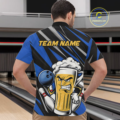 Custom Funny Blue Bowling Jerseys Bowling And Beer Men Quarter-Zip Shirts, Bowling Jerseys IPHW10533