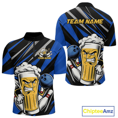 Custom Funny Blue Bowling Jerseys Bowling And Beer Men Quarter-Zip Shirts, Bowling Jerseys IPHW10533