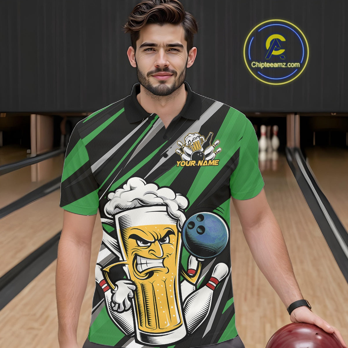 Custom Funny Green Bowling Jerseys Bowling And Beer Men Polo Shirts, Bowling Jerseys IPHW10534