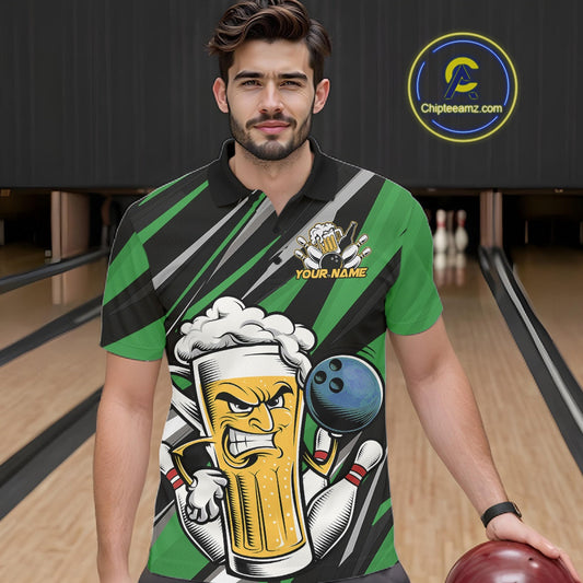 Custom Funny Green Bowling Jerseys Bowling And Beer Men Polo Shirts, Bowling Jerseys IPHW10534