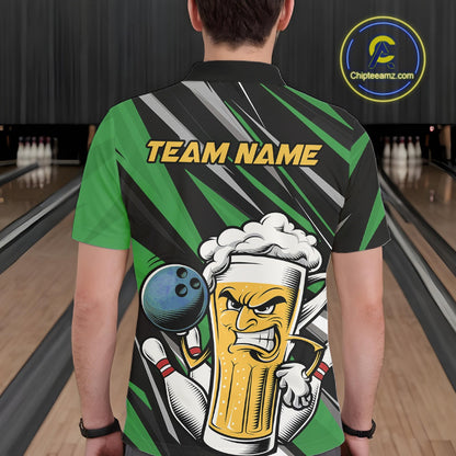 Custom Funny Green Bowling Jerseys Bowling And Beer Men Polo Shirts, Bowling Jerseys IPHW10534