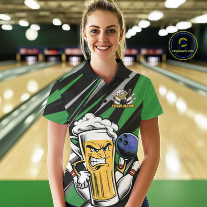 Custom Funny Green Bowling Jerseys Bowling And Beer Women Polo Shirts, Bowling Jerseys IPHW10534