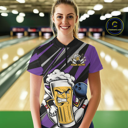 Custom Funny Purple Bowling Jerseys Bowling And Beer Women Shirts, Bowling Jerseys IPHW10535