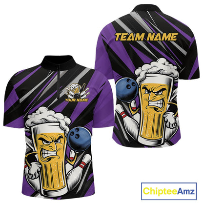 Custom Funny Purple Bowling Jerseys Bowling And Beer Men Quarter-Zip Shirts, Bowling Jerseys IPHW10535