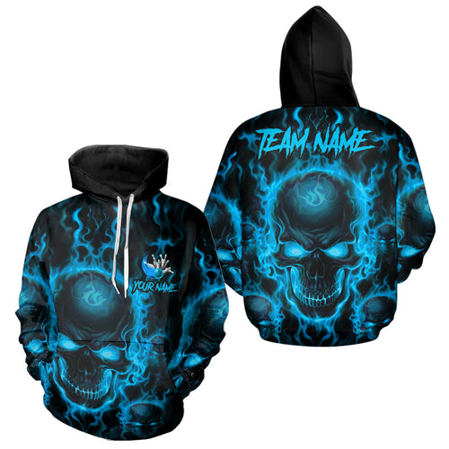 Custom Bowling Hoodie Shirts For Men, Blue Flame Skull Team Bowling Jerseys Halloween Outfits IPHW8684