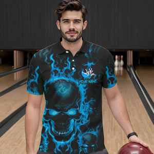 Custom Bowling Polo Shirts For Men, Blue Flame Skull Team Bowling Jerseys Halloween Outfits IPHW8684