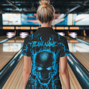 Custom Bowling Womens Polo Shirts, Blue Flame Skull Team Bowling Jerseys Halloween Outfits IPHW8684