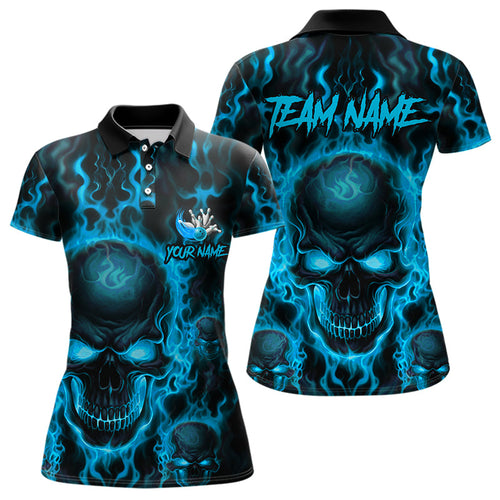 Custom Bowling Womens Polo Shirts, Blue Flame Skull Team Bowling Jerseys Halloween Outfits IPHW8684