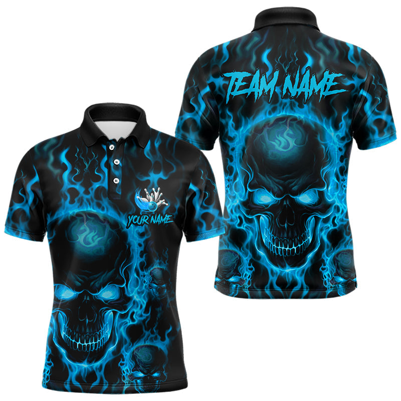 Custom Bowling Polo Shirts For Men, Blue Flame Skull Team Bowling Jerseys Halloween Outfits IPHW8684