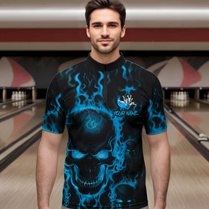 Custom Bowling Quarter-Zip Shirts For Men, Blue Flame Skull Team Bowling Jerseys Halloween Outfits IPHW8684