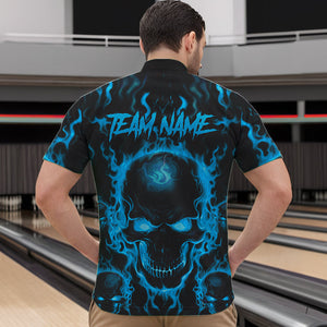 Custom Bowling Quarter-Zip Shirts For Men, Blue Flame Skull Team Bowling Jerseys Halloween Outfits IPHW8684