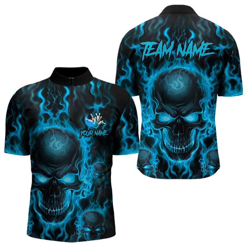 Custom Bowling Quarter-Zip Shirts For Men, Blue Flame Skull Team Bowling Jerseys Halloween Outfits IPHW8684