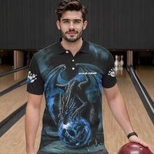 Load image into Gallery viewer, Black And Blue Custom Bowling Team Polo Shirts For Men, Dragon Bowling League Shirts IPHW8690