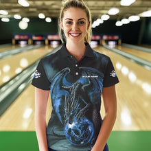 Load image into Gallery viewer, Black And Blue Custom Bowling Team Polo Shirts For Women, Dragon Bowling League Shirts IPHW8690