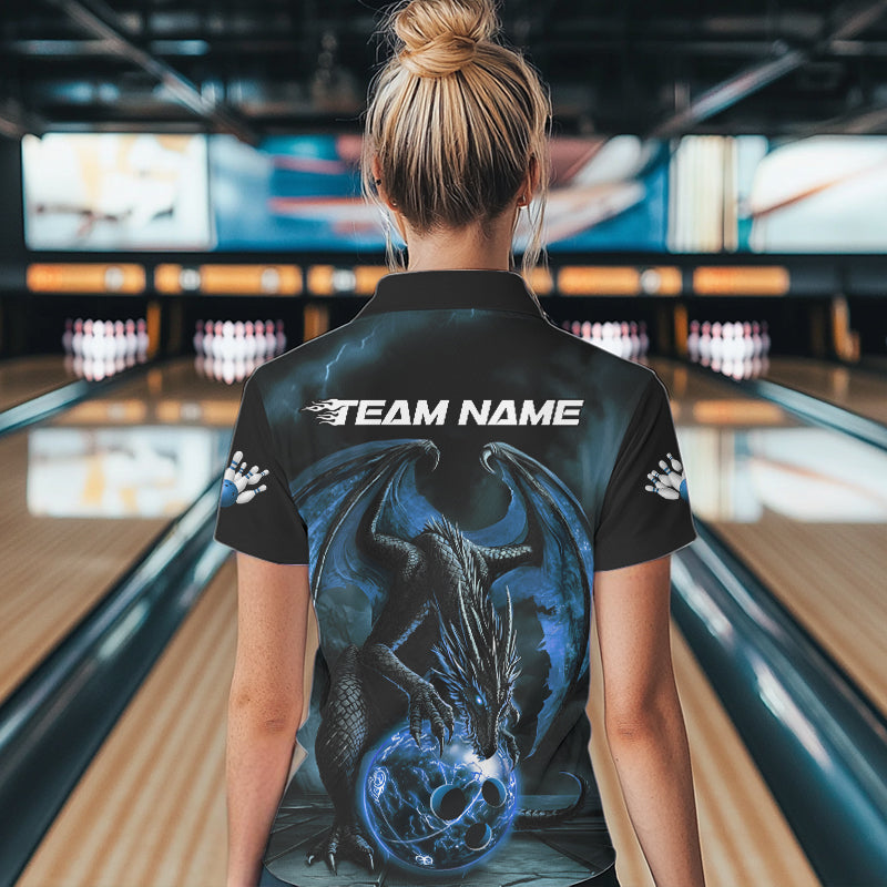 Black And Blue Custom Bowling Team Polo Shirts For Women, Dragon Bowling League Shirts IPHW8690
