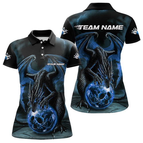 Black And Blue Custom Bowling Team Polo Shirts For Women, Dragon Bowling League Shirts IPHW8690