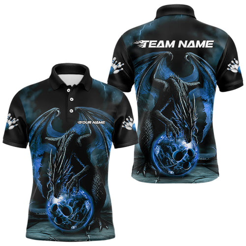 Black And Blue Custom Bowling Team Polo Shirts For Men, Dragon Bowling League Shirts IPHW8690
