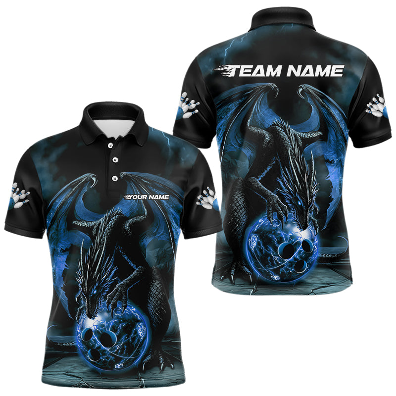 Black And Blue Custom Bowling Team Polo Shirts For Men, Dragon Bowling League Shirts IPHW8690