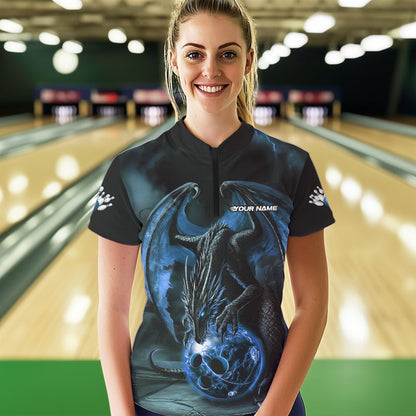 Black And Blue Custom Bowling Team Womens Quarter-Zip Shirts, Dragon Bowling League Shirts IPHW8690