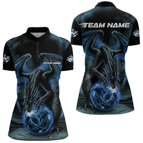 Black And Blue Custom Bowling Team Womens Quarter-Zip Shirts, Dragon Bowling League Shirts IPHW8690