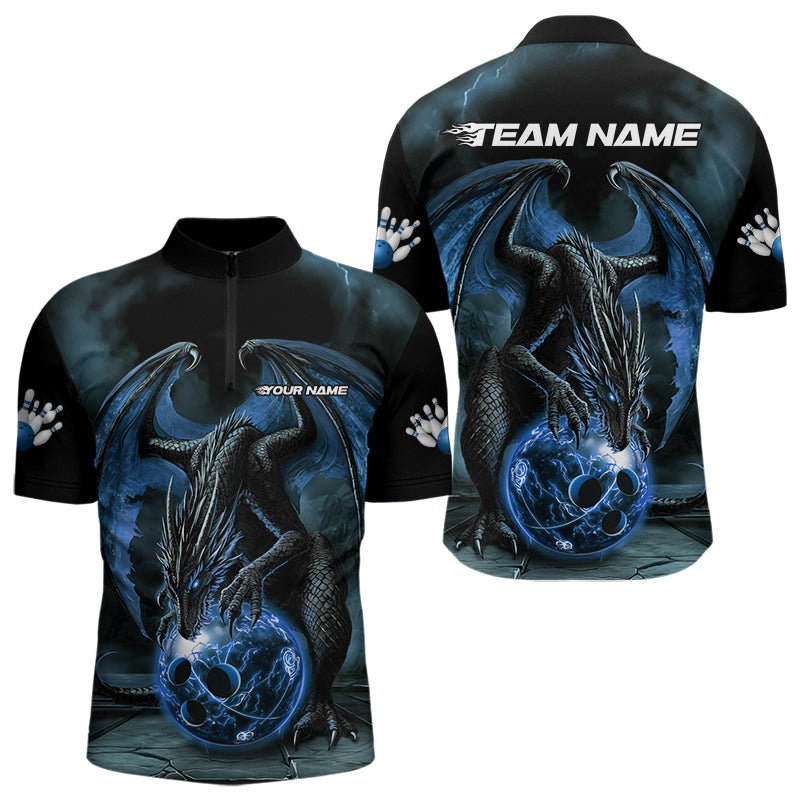 Black And Blue Custom Bowling Team Quarter-Zip Shirts For Men, Dragon Bowling League Shirts IPHW8690