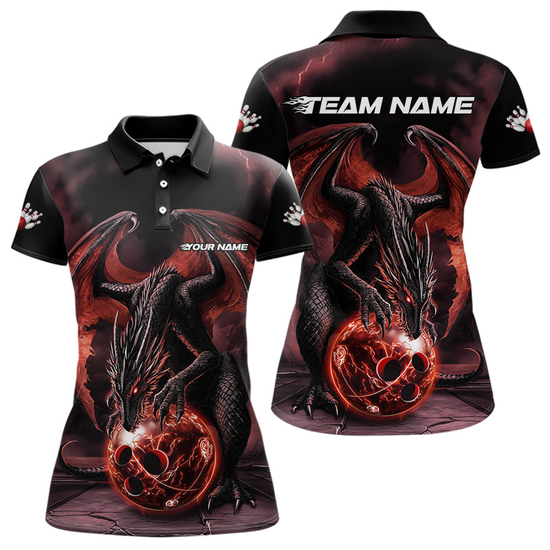 Black And Orange Custom Bowling Team Polo Shirts For Women, Dragon Bowling League Shirts IPHW8692