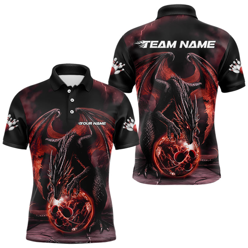 Black And Orange Custom Bowling Team Polo Shirts For Men, Dragon Bowling League Shirts IPHW8692