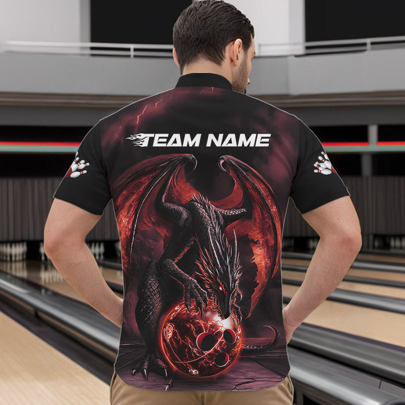 Black And Orange Custom Bowling Team Quarter-Zip Shirts For Men, Dragon Bowling League Shirts IPHW8692
