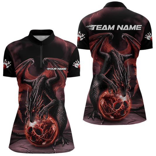 Black And Orange Custom Bowling Team Womens Quarter-Zip Shirt, Dragon Bowling League Shirts IPHW8692