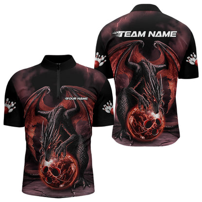 Black And Orange Custom Bowling Team Quarter-Zip Shirts For Men, Dragon Bowling League Shirts IPHW8692