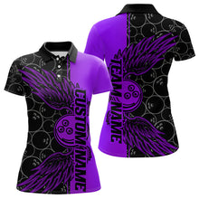 Load image into Gallery viewer, Black And Purple Custom Bowling Ball And Wings Bowling Polo Shirts For Women, Team Uniform IPHW8693